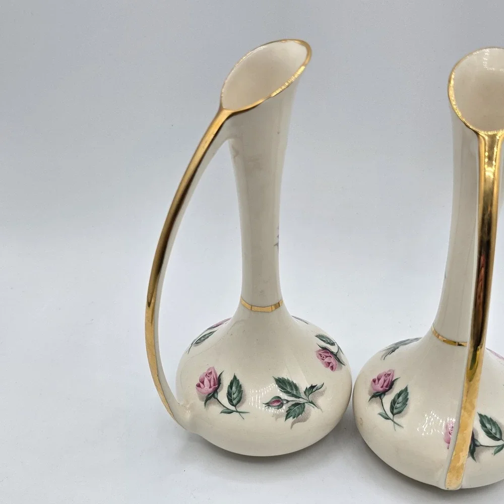 2 Vintage Kaolena California Porcelain Pitcher Bud Vase Hand Decorated 6.25